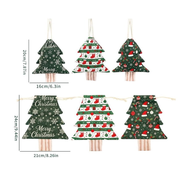IFRINID Christmas Tree Drawstring Gift Bags, 6-Pack Mixed Size Cloth Holiday Treat Pouches with Hanging Loops for Candy, Cookies and Christmas Decor