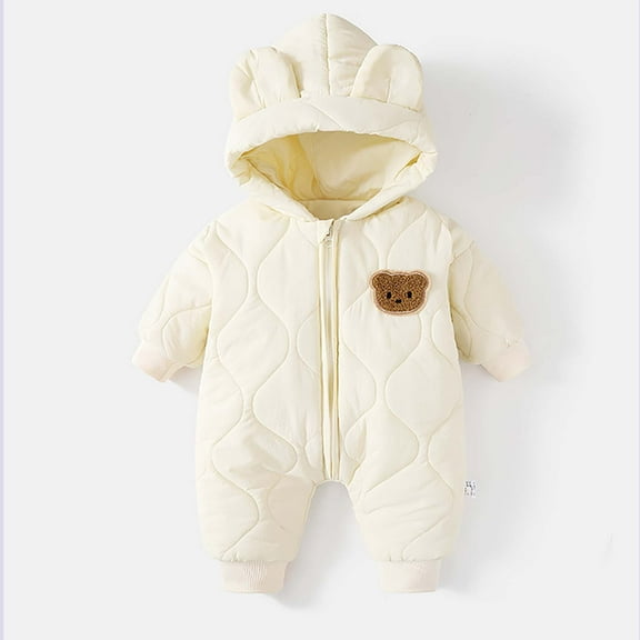 Winter Baby Snowsuit Unisex Quilted Cotton Warm Long Sleeve Jumpsuit Cute Hooded Coverall Outwear Little Girls Clothes, Beige, 12-18 Months