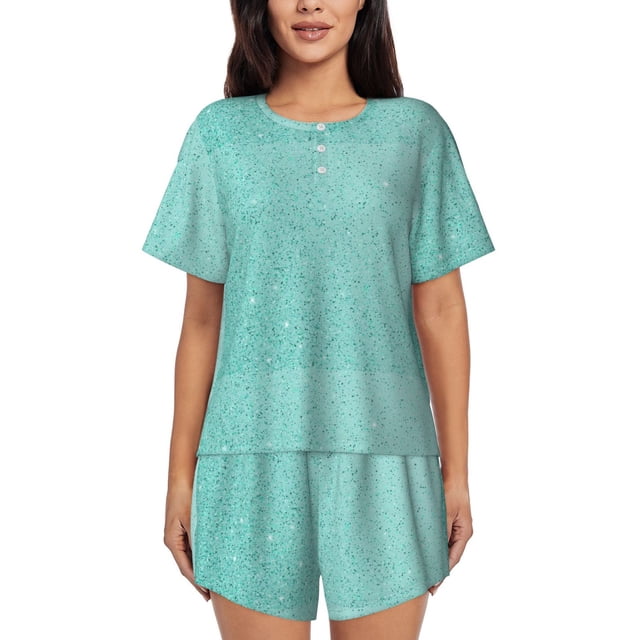 Balery Teal Turquoise Glitter Conjunto de Pijama para Mujer con Estampado, Dos Piezas de Manga Corta y Shorts, Ropa de Dormir Suave con Cuello Redondo y Bolsillos-X-Large