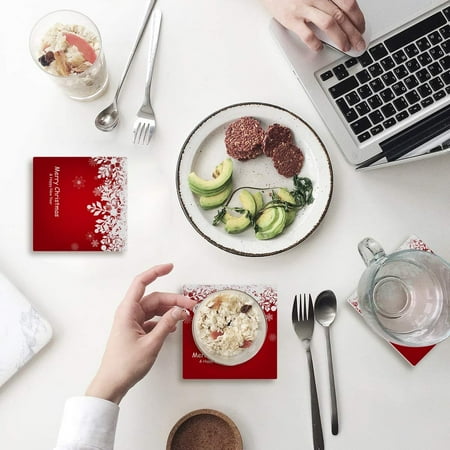 

FMSHPON Merry Christmas Happy New Year Snowflake Set of 4 Coaster for Drinks Absorbent Ceramic Stone Coasters Cup Mat with Cork Base for Home Kitchen Room Coffee Table Bar Decor