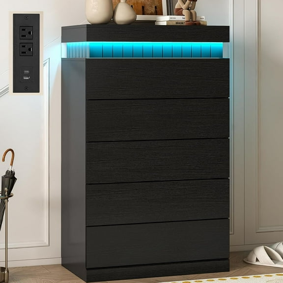 Tall Dresser with LED Light and Power Outlet, Modern 5 Drawers Floating Dressers, Chest of Drawer for Bedroom, Living Room, Hallway, Entryway, Black