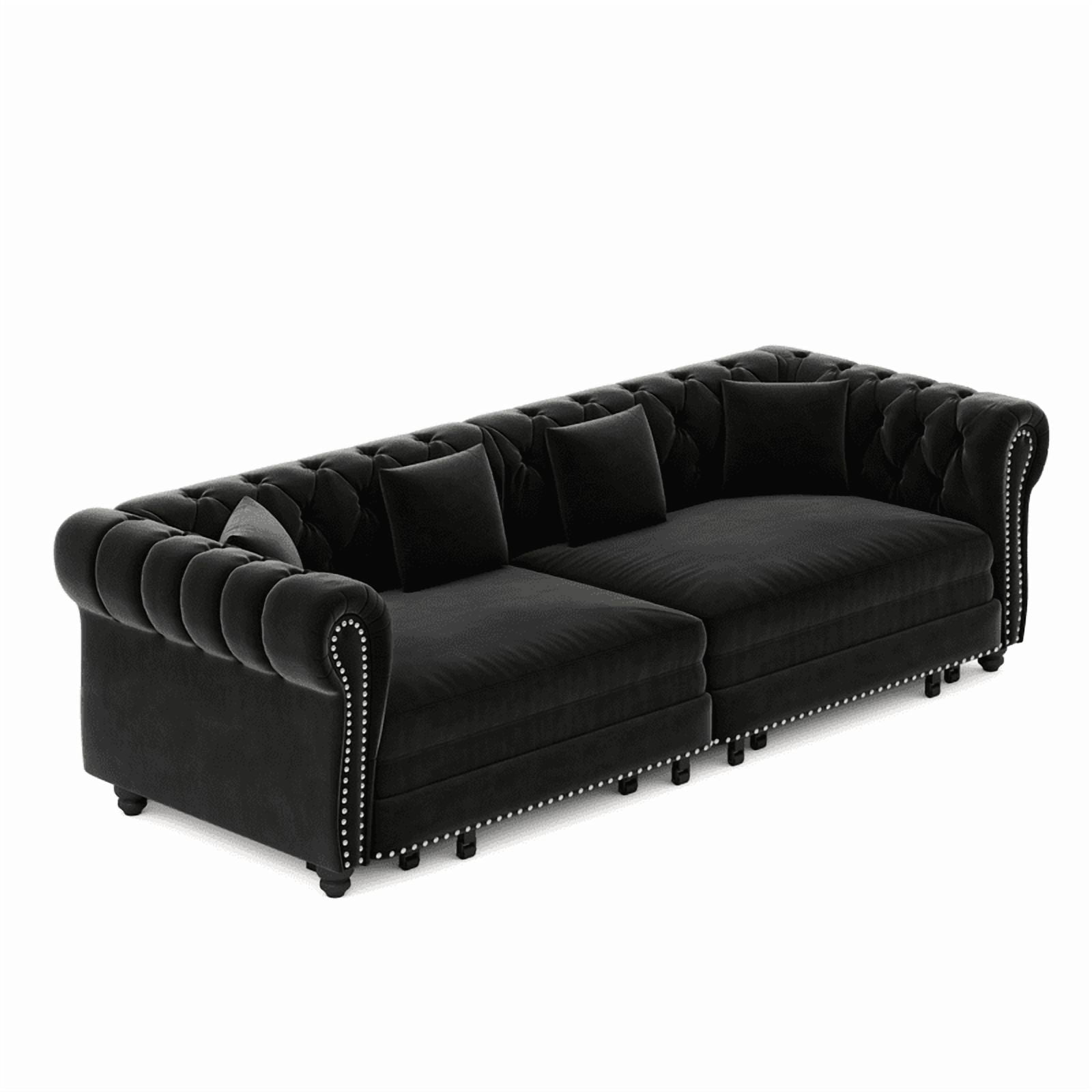 3-in-1 Pull-Out Sofa Bed, 89'' Chesterfield Sofa, Convertible Sleeper Sofa Bed, King Size Sofa Bed, Chaise Lounge, Tufted Design Velvet 3-Seater Sofa with Movable Ottoman