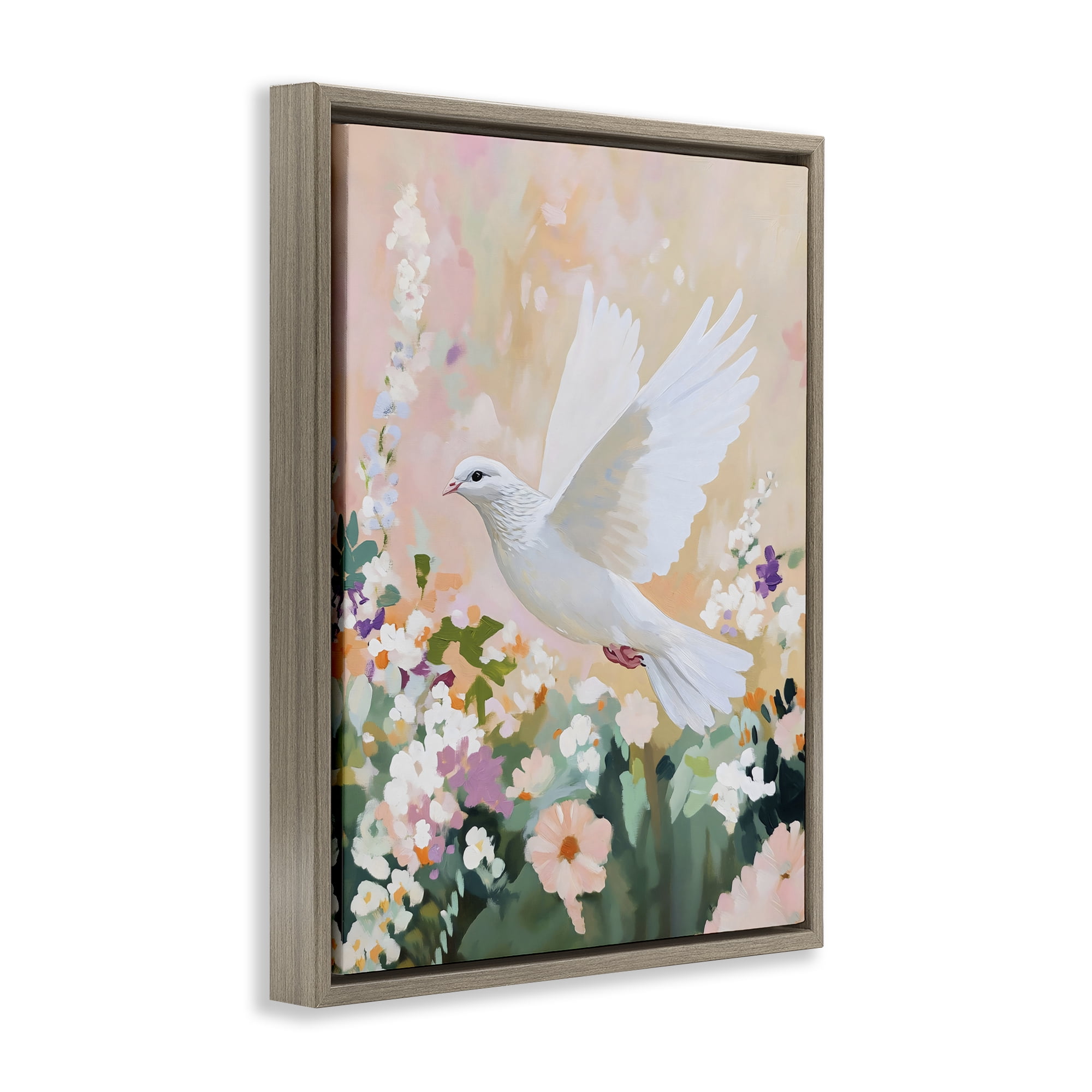 Stupell Industries White Dove Among Spring Blooms Brown Framed Floater Canvas Wall Art, design by The Prints Vibe