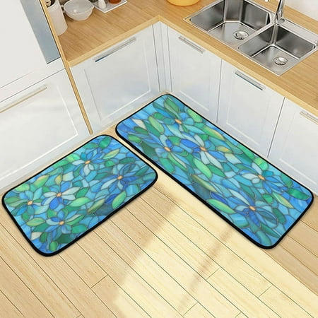 

Wobogo Light Blue Green Glass Kitchen Carpet Set of 2 Absorbent and Stain Resistant Non-slip Star Rubber Backing
