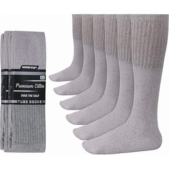 Diamond Star Men’s Tube Socks – Premium Cushioned Cotton Over the Calf Athletic Knee High Socks (Grey - 6 Pairs 31 inches Big & Tall Over The Calf Socks fit size 13-16)