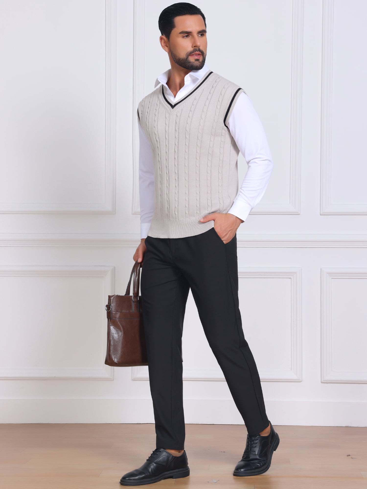 DARING DIVA Men's Solid Color V-Neck Sleeveless Cable Knitted Sweater Vest XL Beige