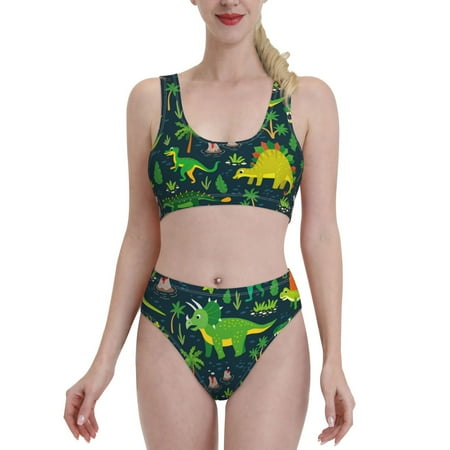 Bixox Dinosaurs Pattern Two-Piece Sports Bikini with U-Shaped Top and High-Waist Bottom - Women s Swimwear with Removable Bra Pads