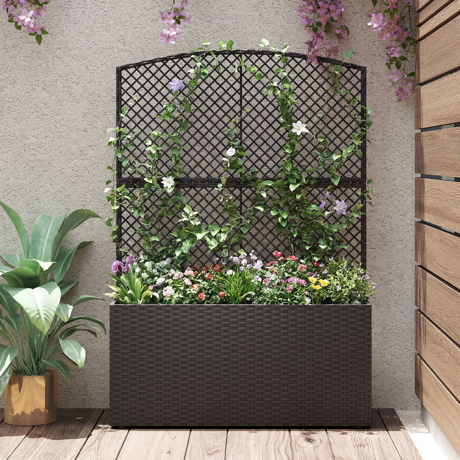 Costway 1 PCS 58” Raised Garden Bed with Trellis, Wicker Planter Box with Privacy Screen Black