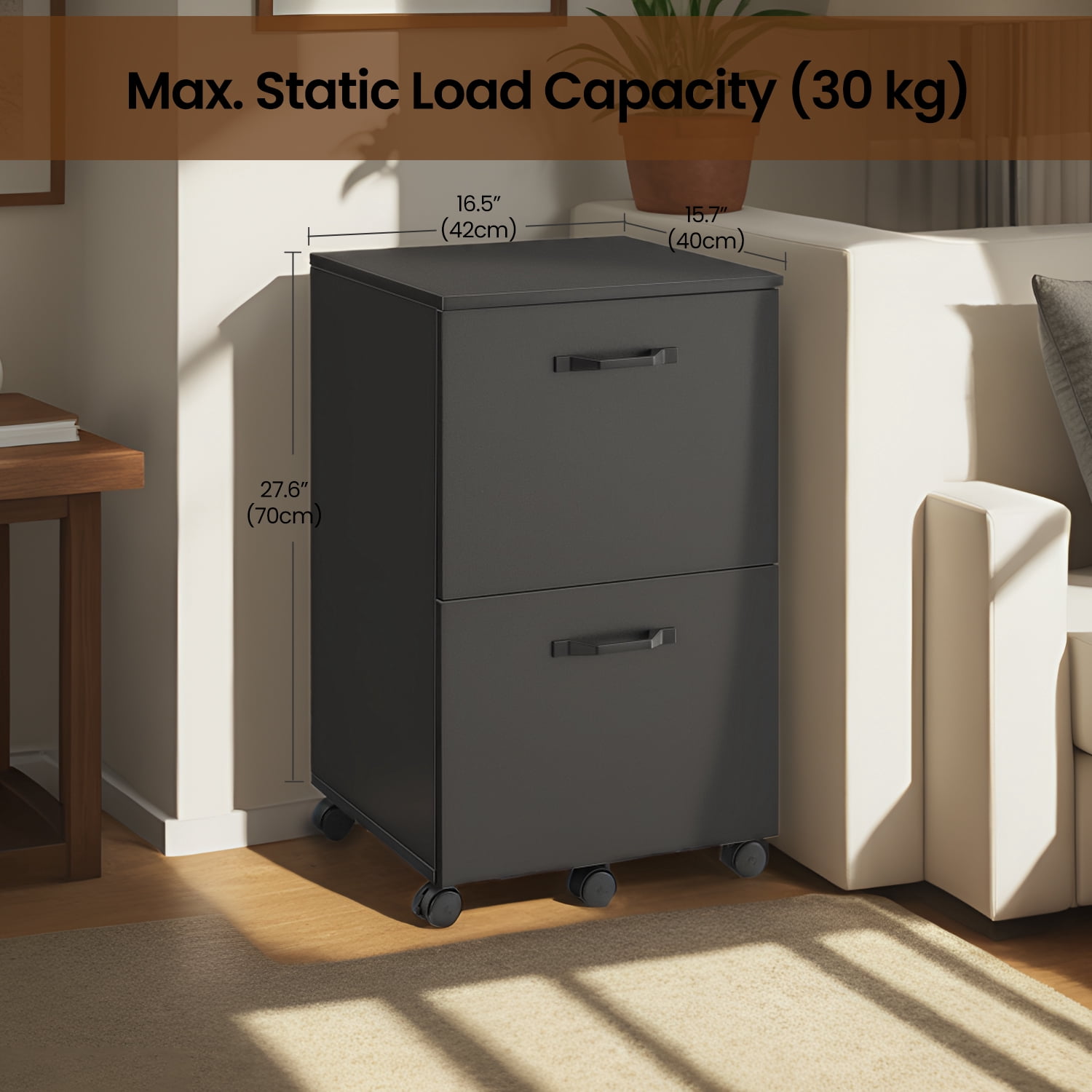 LEDREM 2-Drawer Rolling Storage Unit – Wood File Cabinet with Steel & Particleboard Construction, for Office, Holds A4/Letter Folders, 5 Swivel Casters with Brakes, Supports 77 lbs, Matte Black