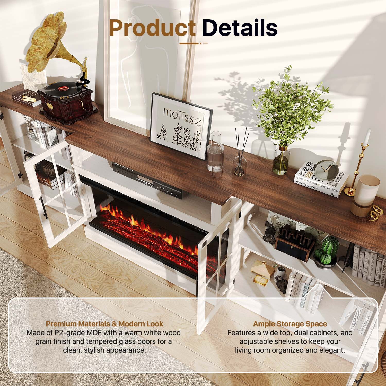 BaPiPro 98" Farmhouse TV Stand with 36" Electric Fireplace, Large Media Entertainment Center for TVs up to 100", Fireplace TV Stand with Storage Cabinets for Living Room, White