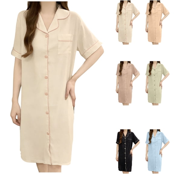 QSXADF Women's Nightgowns Sleep Shirts Sleepwear Dress Nightdress Solid Collared Button-Front Mid-Calf Nightgown Women Summer Pajamas Soft Loungewear