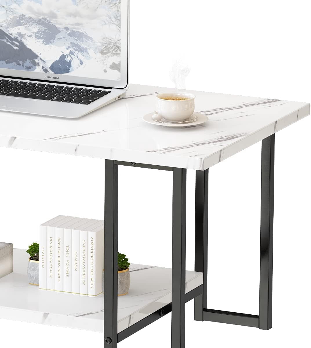 LinkRomat Modern Coffee Table, 40" Faux Marble Top Rectangular Coffee Table with Black Metal Frame, 2 Tier Living Room Table for Living Room, Office, Balcony, White