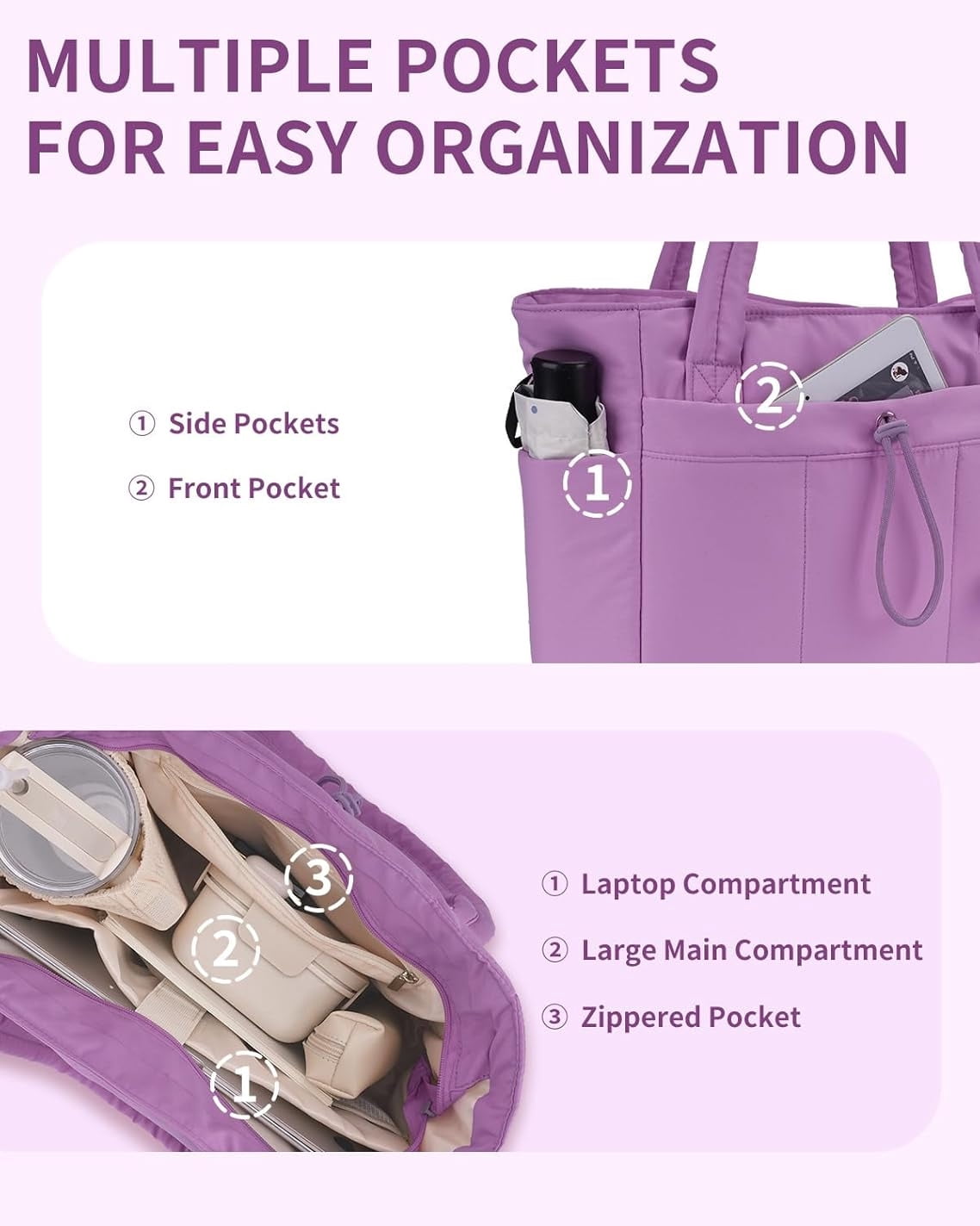 Puffer Tote Bag for Women, Shoulder Bag Handbag with Cup Holder & 15.6" Laptop Compartment & Trolley Sleeve for Travel, Work, Nurse, Lightweight, 20L