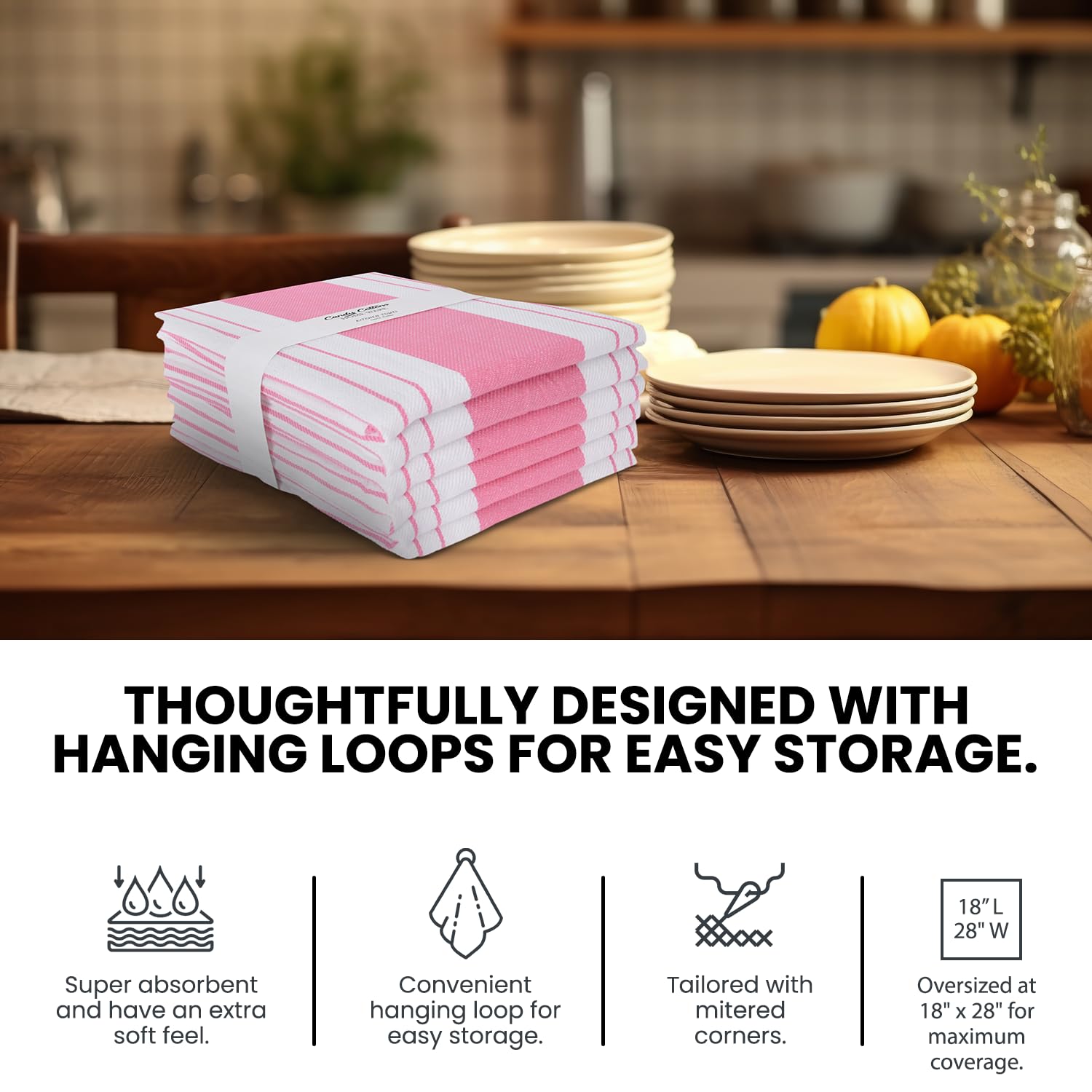 Candy Cottons Stripe Kitchen Towels Decor Mordern Design Centreband Dish Towels Boho Stripe Absorbent Festive Gift Set of 6 Pantry Reusable Kitchen Dish Towel|Easter Spring Decor 18x28 In |Pink