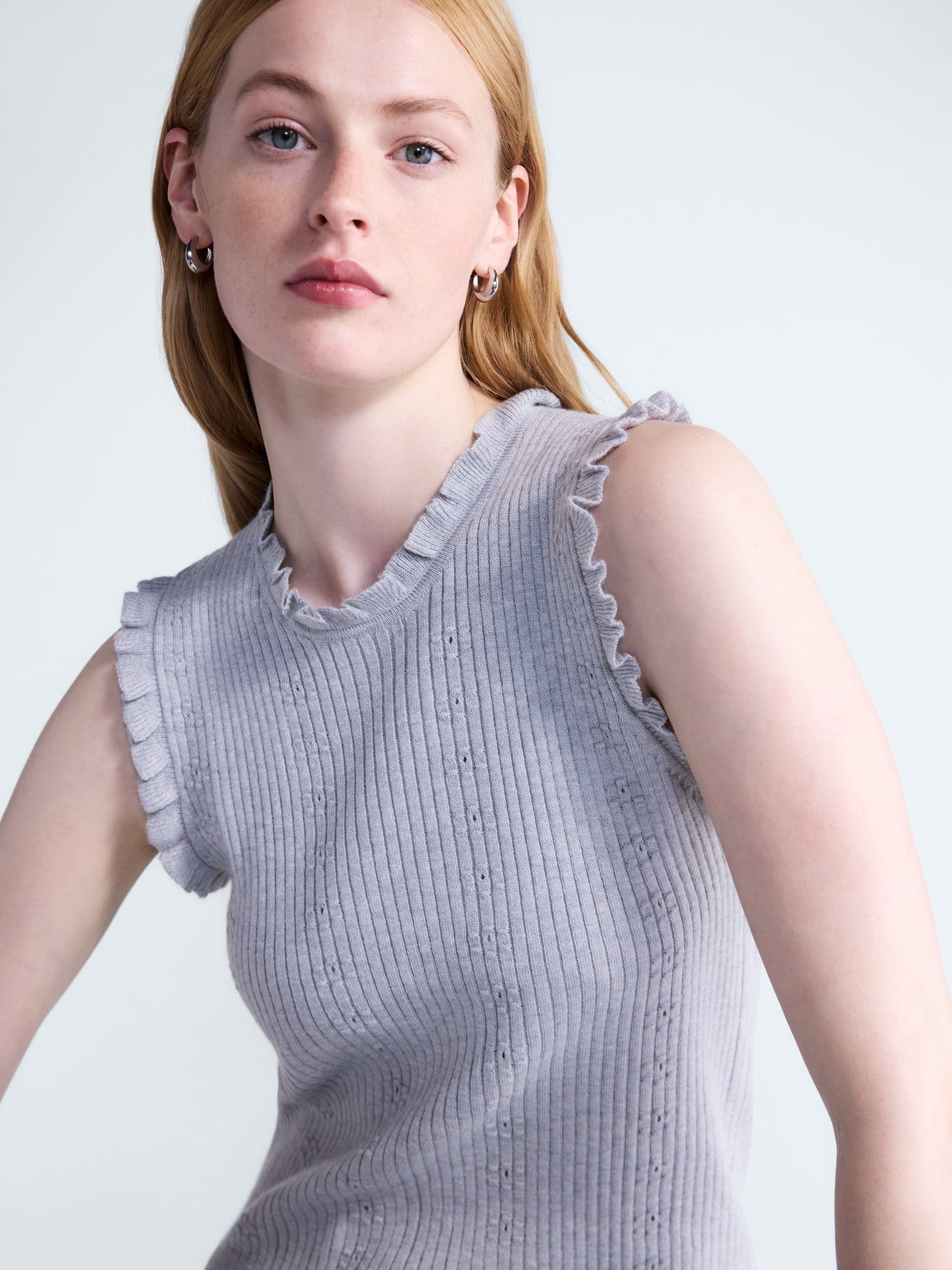 Free Assembly Women's Ruffle Trim Pointelle Sweater Shell, Lightweight, Sizes XS-XXL