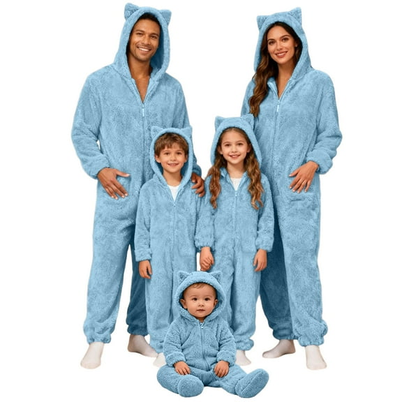 HNMKIU Matching Family Christmas Pajamas Cat Ears Hooded Pajamas and Cozy Animal Sleepwear for Kid Sky Blue_001,Kid_9-10 Years