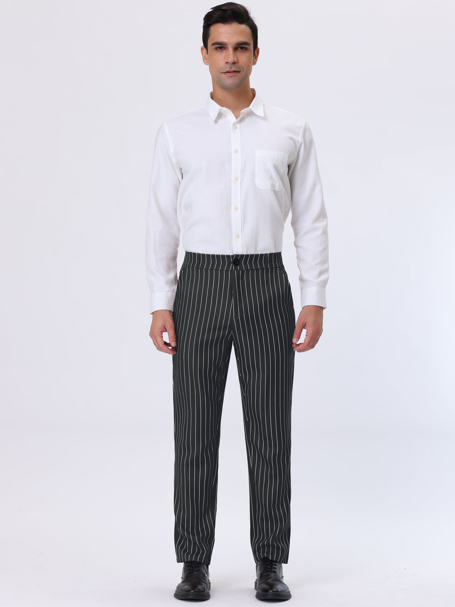 Unique Bargains Men's Striped Dress Pants Straight Fit Color Block Office Suit Trousers 28 Black