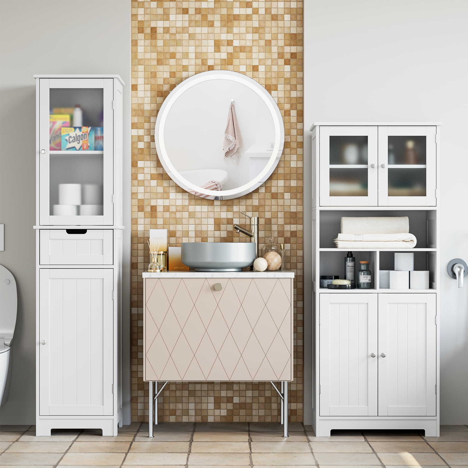 Homfa 58'' Tall Bathroom Cabinet with Doors and Shelves, Kitchen Hutch Linen Cabinet, White