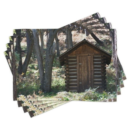 

Outhouse Placemats Set of 4 Wooden Primitive Life Barn Shed in Spring Forest Leaves Lumberjack Photo Washable Fabric Place Mats for Dining Room Kitchen Table Decor Dark Brown and Green by Ambesonne