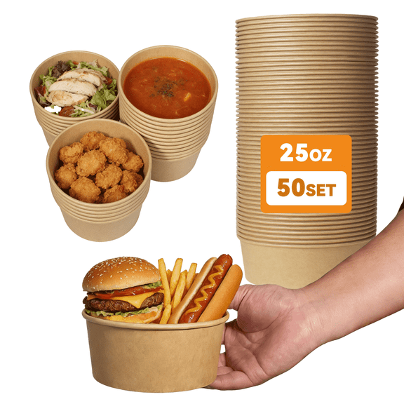 Cafemira 50 Pack Paper Soup Containers with Lids, 25 Oz To Go Hot Cold Soup Bowls, Disposable Kraft Ice Cream Food Cups for Take Out Foods, Snack, Dessert