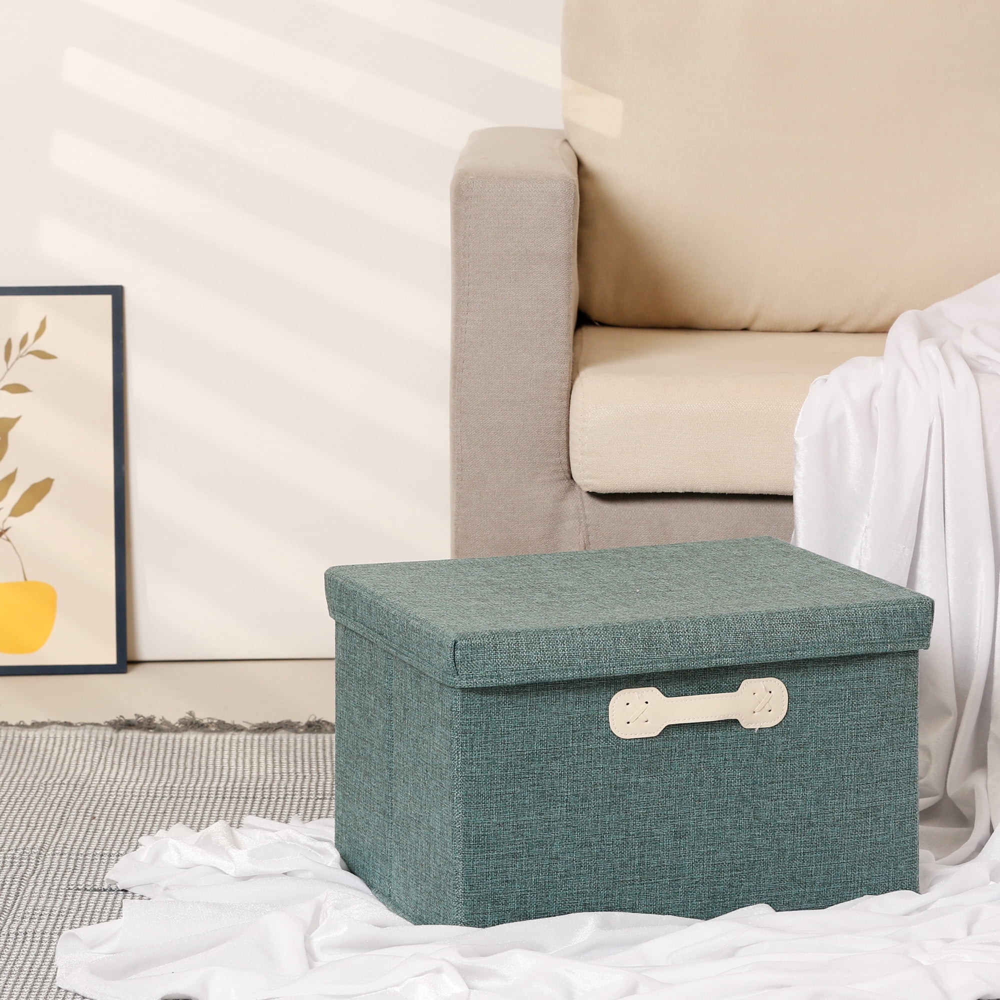 Unique Bargains Storage Cube, Fabric Bin with Lid and Handle Green 18*14*10.5in