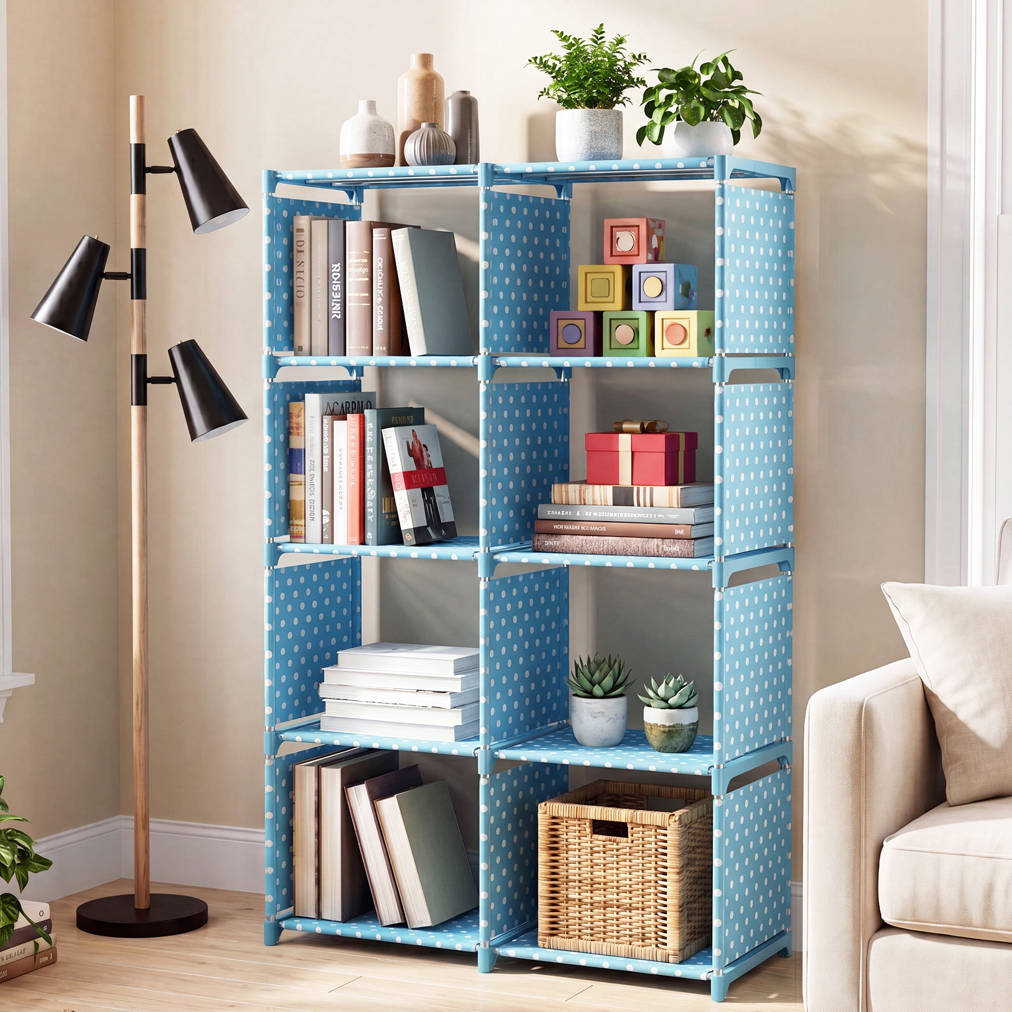 Novashion 8-Cube Portable Bookcase Organizer, Grey Blue Pink