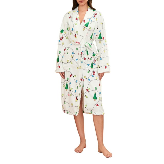 SUNSIOM Women's Fleece Christmas Robe Candy Cane Print Lapel V Neck Long Sleeve Kimono Robe with Belt Pockets Warm Pajamas