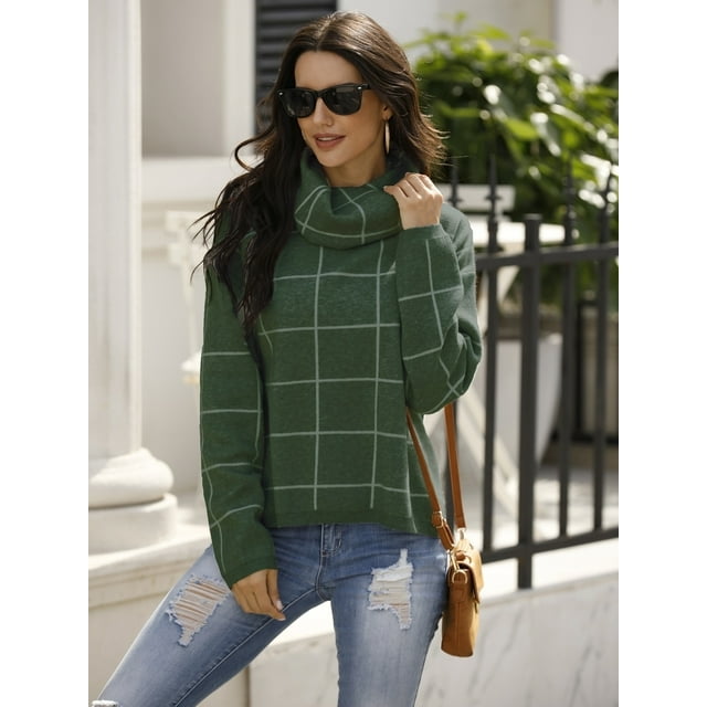 Pull d'Hiver 2020 pour Femmes Col Roulé Manches Longues Pull à Carreaux Fente Latérale Haut Ample