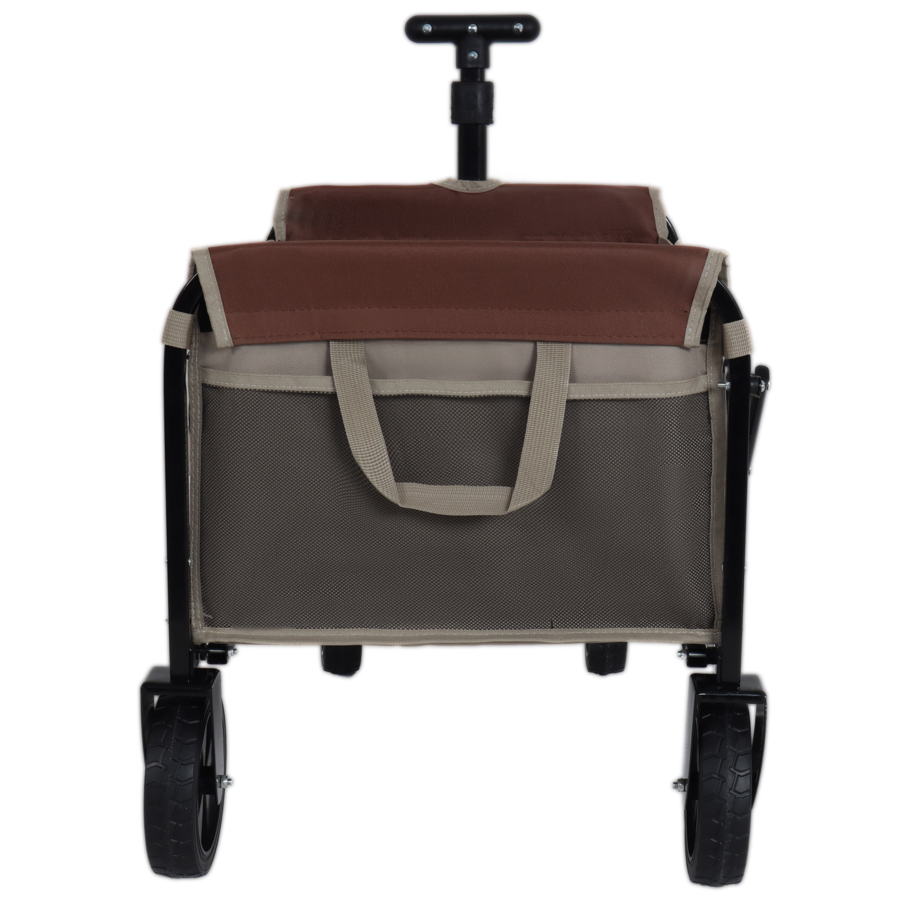 All-in-One Convertible Folding Camping Wagon Cart, Bench Seat, Storage Compartment & Included Dog Tether, Beige/Brown