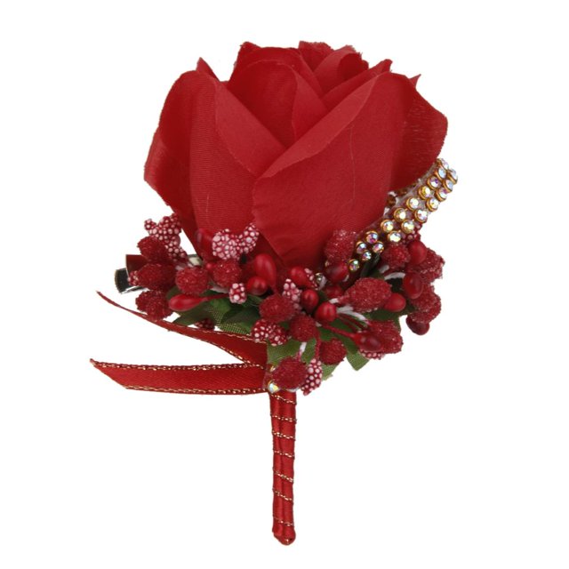 Boutonniere Ramillete de flores Broche Cristal Hombres Boda Novio Novia Joyería Joya Flores Moda Seda Rosa Abordar Rojo Magideal Boutonniere Ramillete de flores