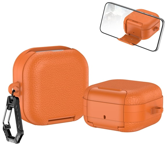 ELEHOLD Case for Samsung Galaxy Buds 4/4 Pro, Foldable Stand Bracket Premium Leather Shockproof Protective Case with Keychain , Orange