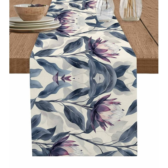 Blue Purple Botanical Table Runner Cotton Linen 36 Inch Holiday Dresser Scarves, Vintage Flowers Illustration Tablerunner for Kitchen Coffee Dining Bedroom Living Room Dinner Scarf Décor 13''x36''