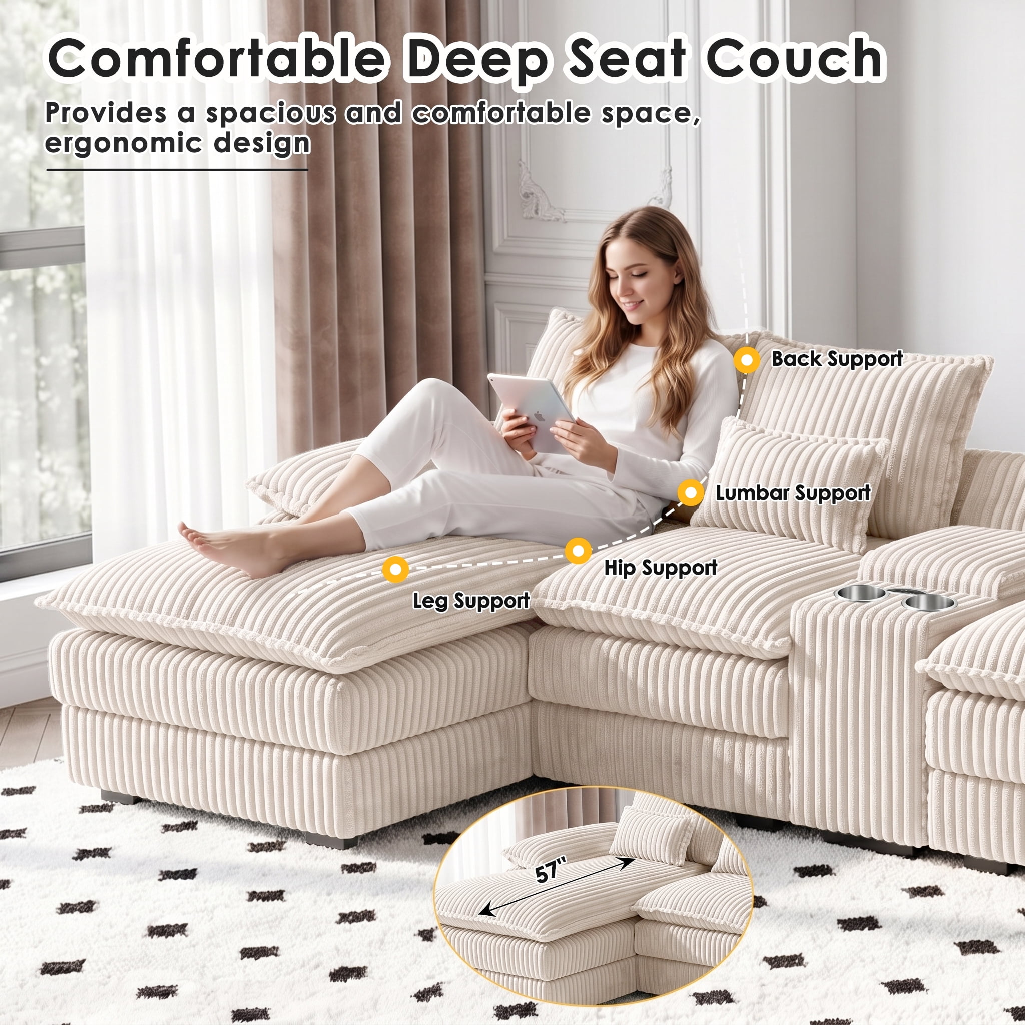 Wakefit 125" U Shaped Sectional Couch, Oversized Modular Sectional Sofa, 5 Seater Corduroy Cloud Couch with Hidden Storage, USB Ports & Cup Holders for Living Room, Beige