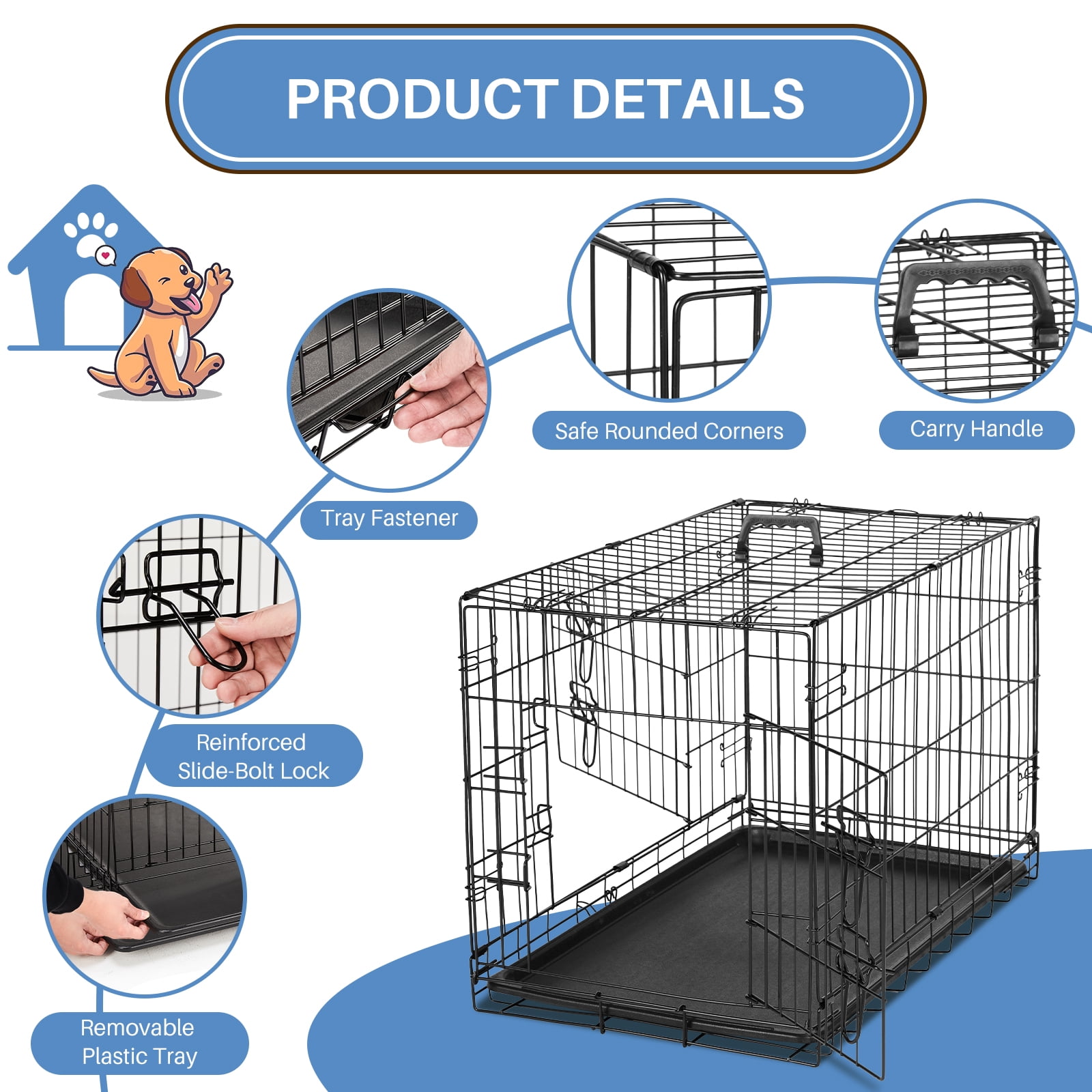 Dog Crate, 36" Folding Double-Door Metal Dog Cage with Divider and Leak-Proof Tray, Portable Pet Kennel for Medium Dogs, Indoor/Outdoor Use