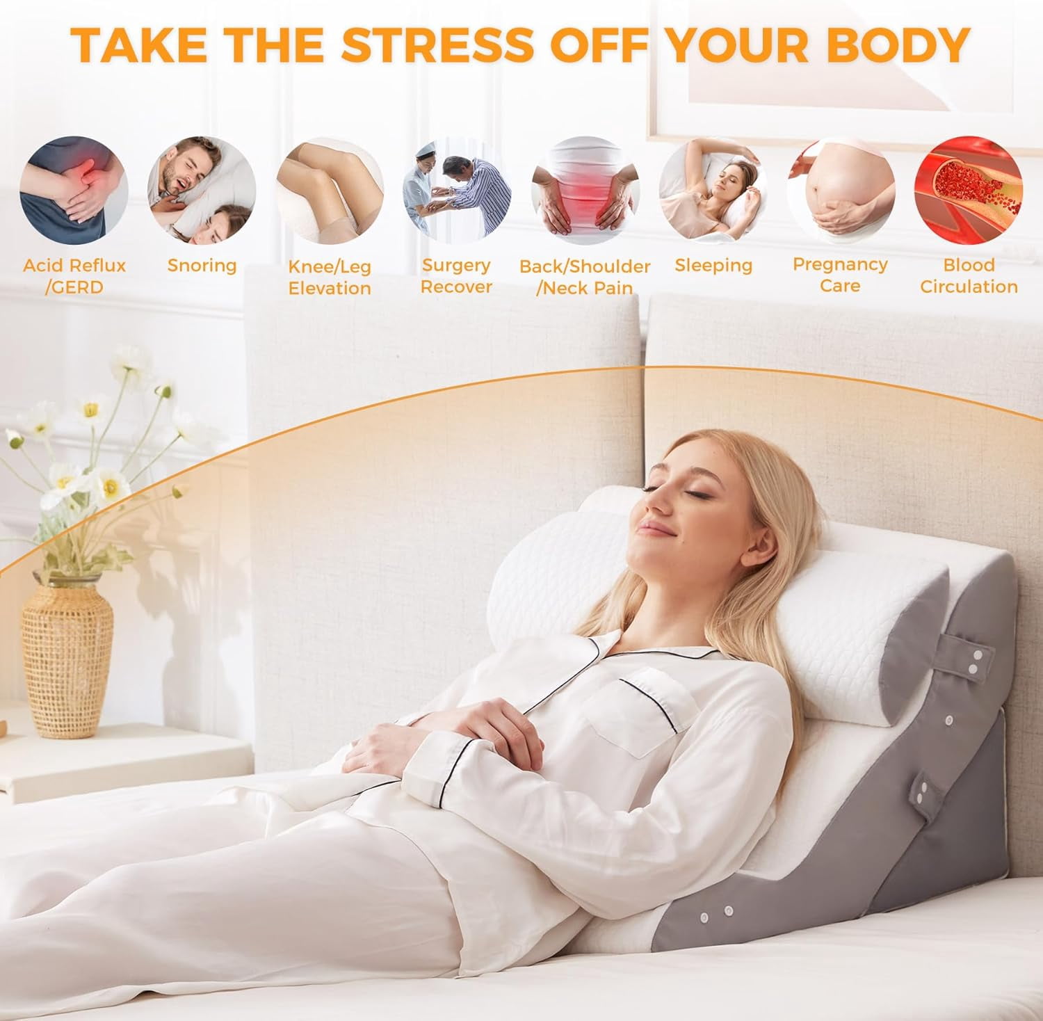 3PC Wedge Pillow Set for Post Surgery, Adjustable Bed Sitting Pillow for Acid Reflux, Headboard Wedge for Sleeping & Snoring, Orthopedic Back Support Pillow, White