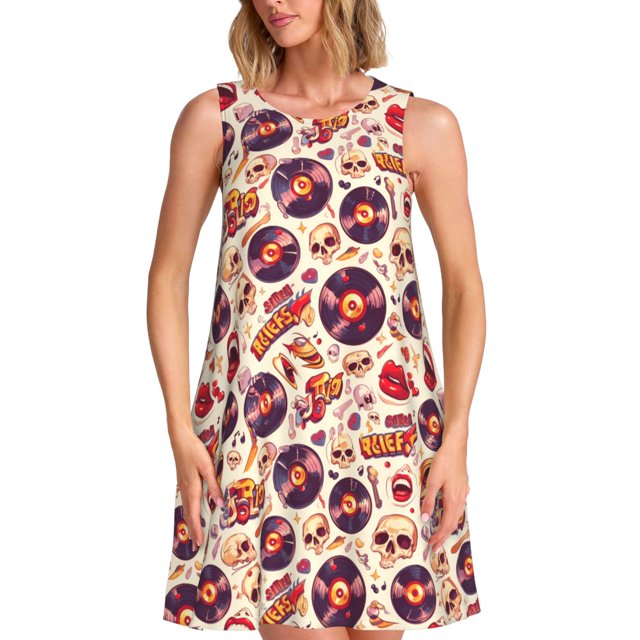 Fotbe rock music Skull record Vestido de Verano sin Mangas para Mujer – Vestido Midi Línea A, Estilo Camiseta Floral, Vestido Playero Casual y Fluido