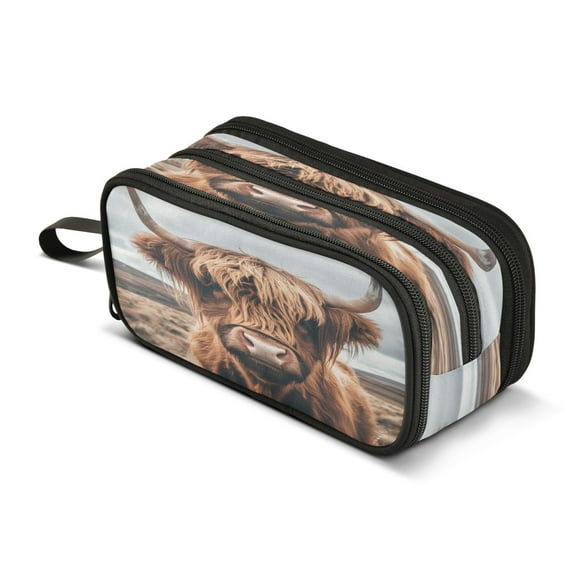 ALAZA A Highland Cow Pencil Case Bag 3 Compartment Pen Pouch Large Storage Holder Box Organizer