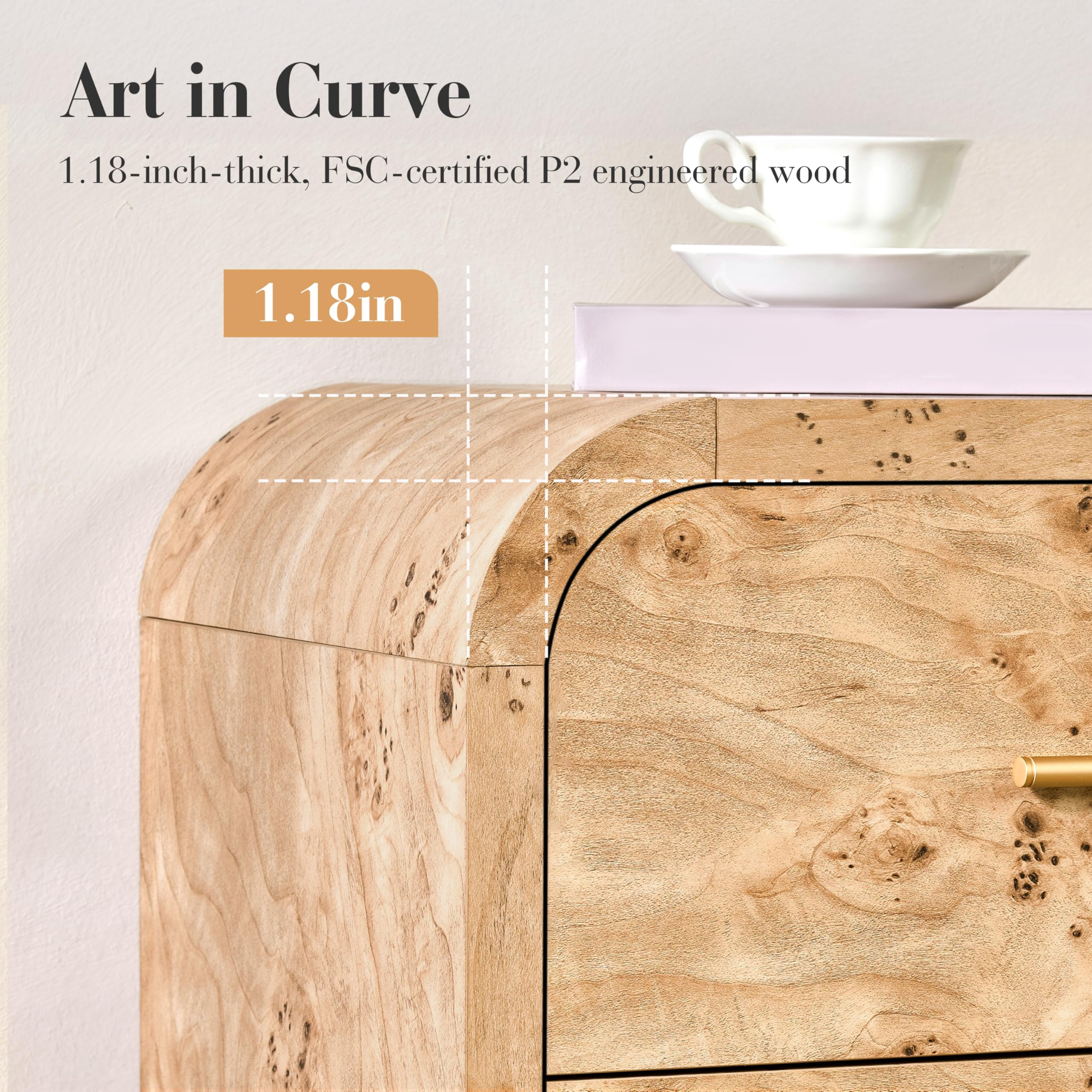 Vintagearth 9 Drawers Dresser for Bedroom, Curved FSC-certified Wood 1.18" Thick Board Dressers & Chests of Drawers for  Living Room, Hallway, Entryway, Light Burl