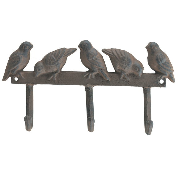 Cast Iron Wall Hook Rack - Birds On Fence - 3 Hooks - 10" Wide