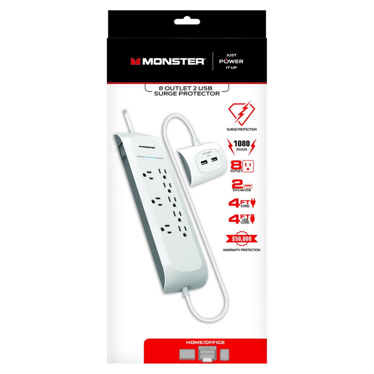 Monster 3001107 Just Power It Up 4 ft. 8 outlets Power Strip with Surge Protection, White