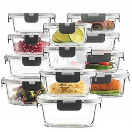 24-Piece Superior Glass Food Storage Containers Set - Newly Innovated Hinged BPA-free Locking lids - 100% Leak Proof Glass Meal Prep Containers  Great on-the-go & Freezer to Oven Safe Food Containers