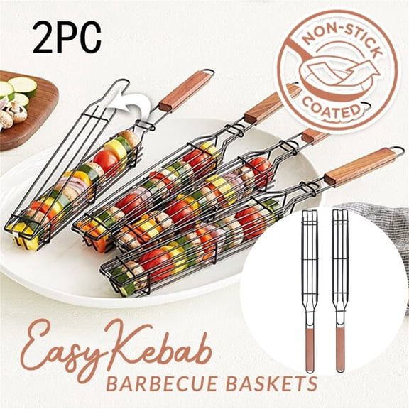 Easy BBQ Kabob Grilling Basket with Grilling Tongs, Non-Stick Stainless Steel Outdoor Barbecue Mesh Tool Set, Heavy Duty Portable Grill Accessories