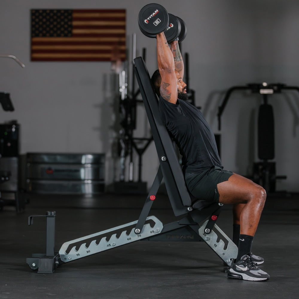 Titan Fitness TITAN Series Single Post Adjustable Bench, Supports 600 LB Incline, 1,000 LB Flat, Versatile Utility Bench for Home Gym Weightlifting Strength Training, 2.5" Thick HeftyGrip Vinyl Pad