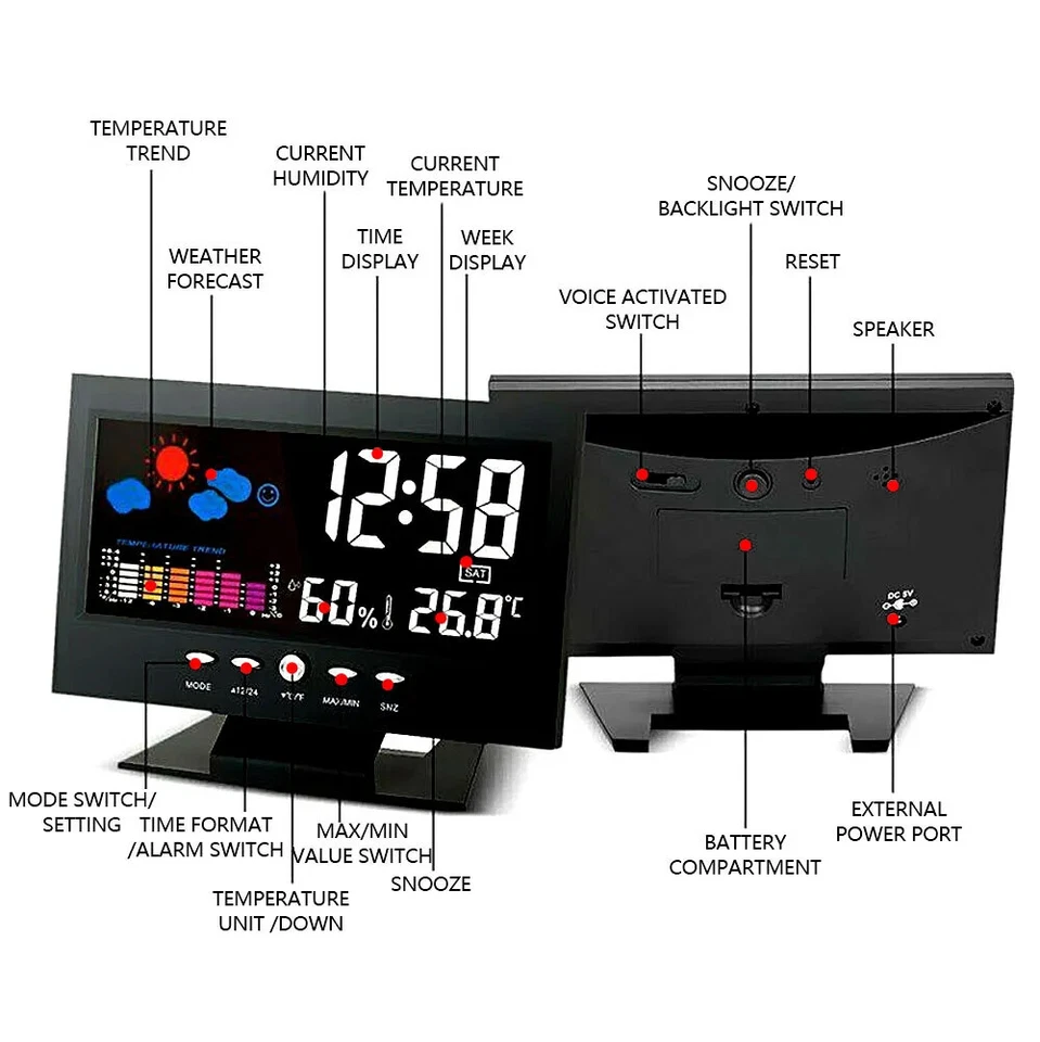 KNACK - Led Digital Alarm Clock Snooze Calendar Thermometer Hygrometer Weather Display