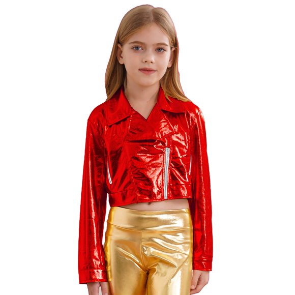 Kvysinly Girls Boys Metallic Biker Jacket Kids Faux Leather Lapel Crop Coat Outwear for Motorcycle Hip-Hop Jazz Dance Red 8