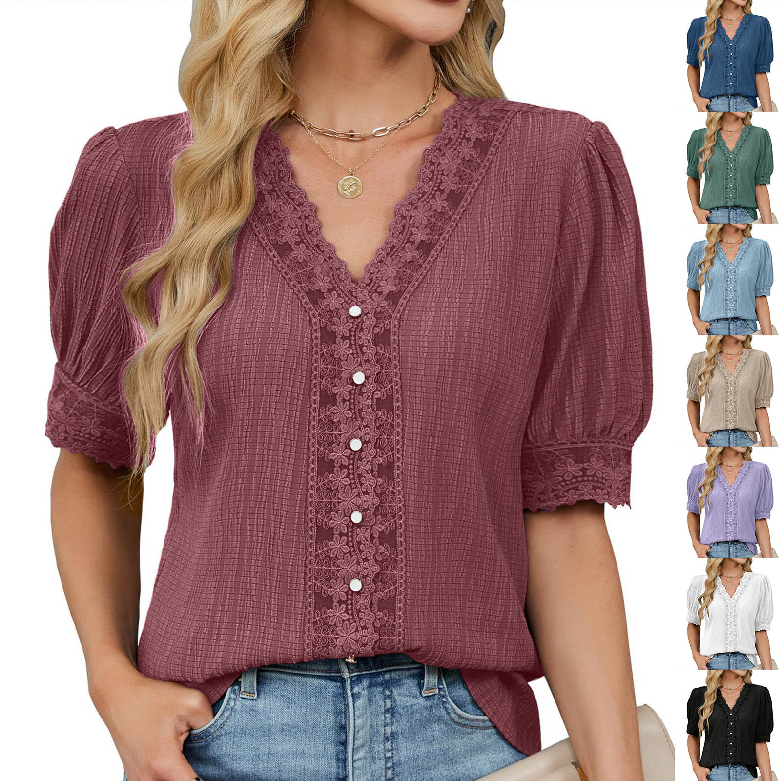 Auralook Womens Summer Tops V Neck Short Sleeve Solid Lace Shirts Casual Blouses Flowy Boho Clothing