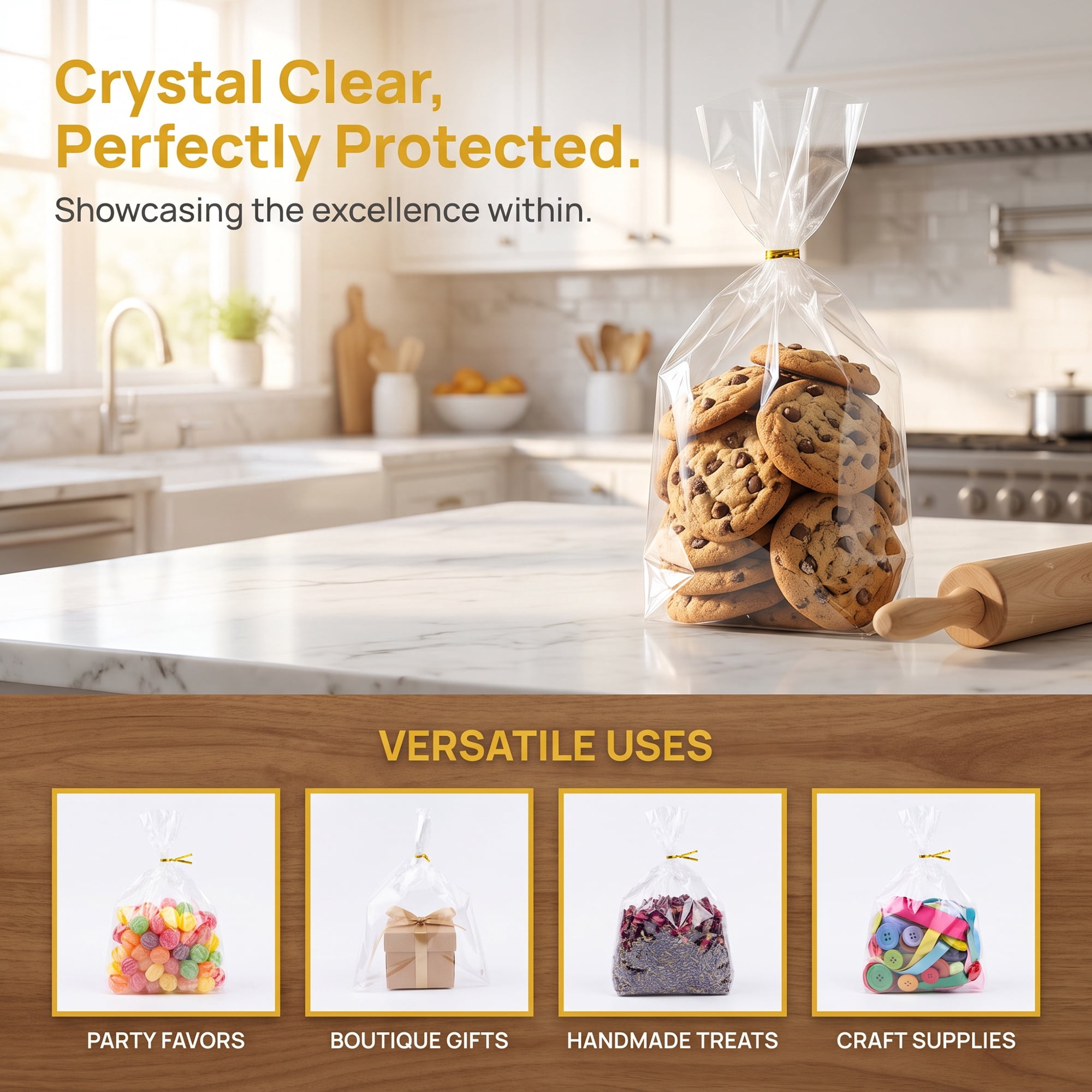 Unique Bargains 100Pcs Premium Clear Gift Bags with Expandable Bottom Clear 9.8" x 13.8"