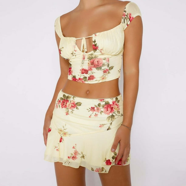 Mujeres Crop Top + Faldas Sin espalda Impreso Hot Girls Suit Y2K Casual Trendy Clubwear FLhrweasw Nuevo
