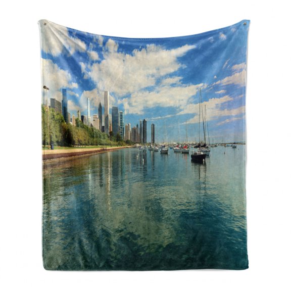 Illinois Soft Flannel Fleece Blanket, Lake Michigan Scenery with a Yacht Downtown Chicago Skyline Panoramic Landscape, Cozy Plush for Indoor and Outdoor Use, 50" x 70", Multicolour, by Ambesonne