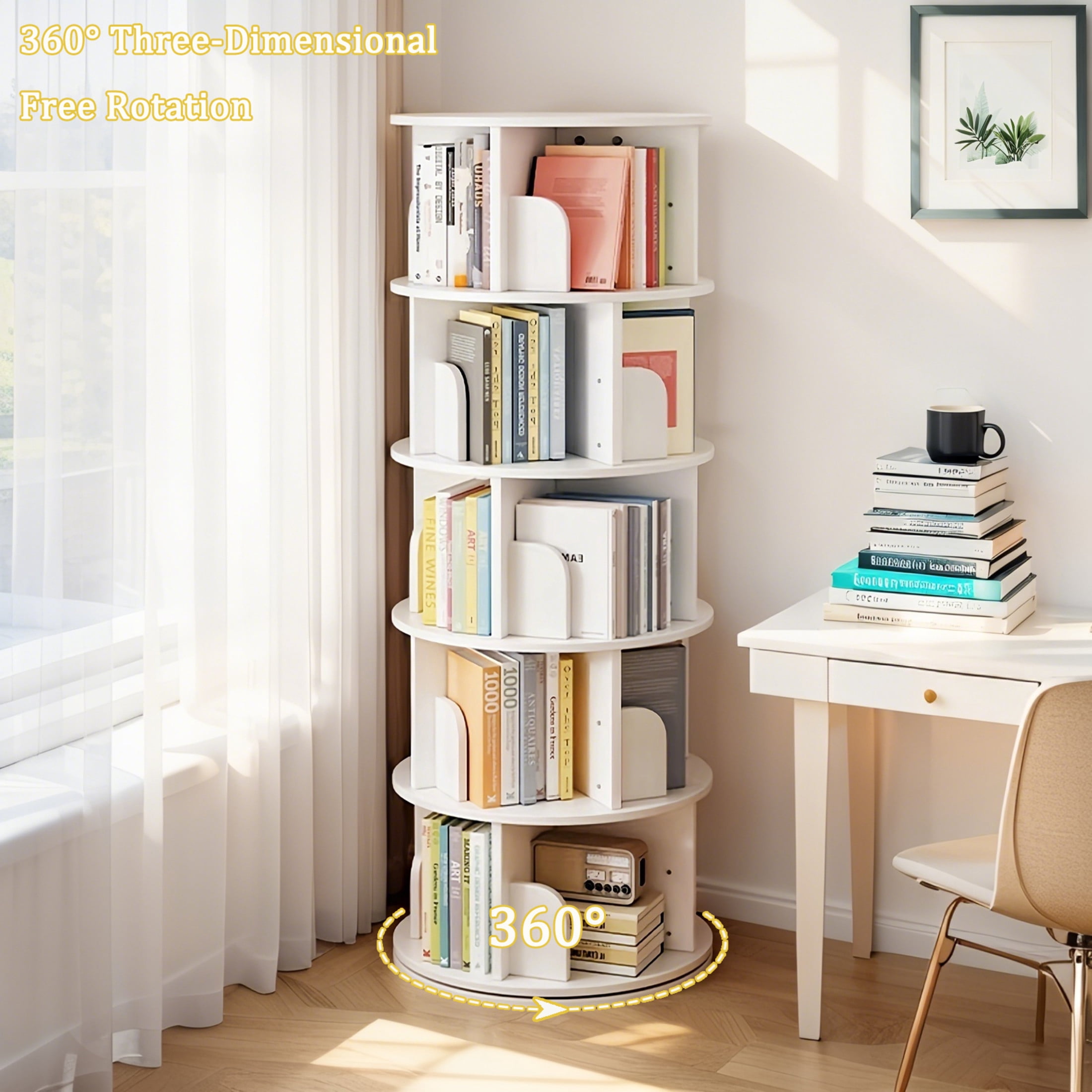 Noble House Pamela 5-Tier 360° Rotating Bookshelf, Round Display Tower, Space-Saving, for Home Office, White